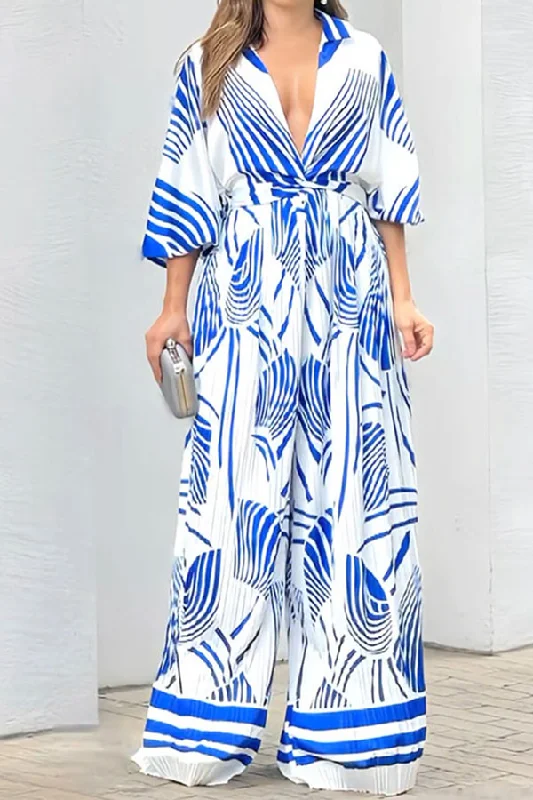 Abstract Print Deep V Neck Chic Pleated Wide Leg Jumpsuit First Order Discount