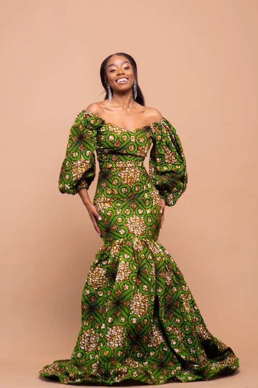 Hauwa Ankara Maxi Dress | Green and Brown African Print Effortless Sophistication