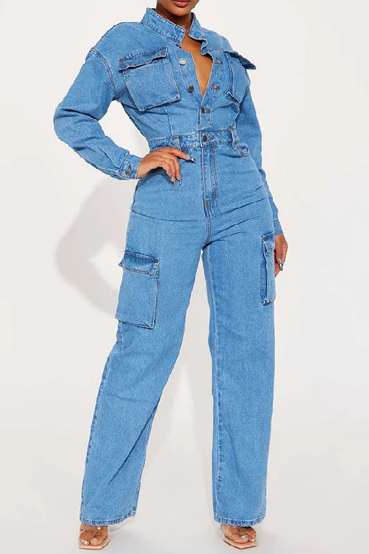 Blue Washed Denim Casual Multi Pocket Jumpsuit Nordic Minimalist Home Look