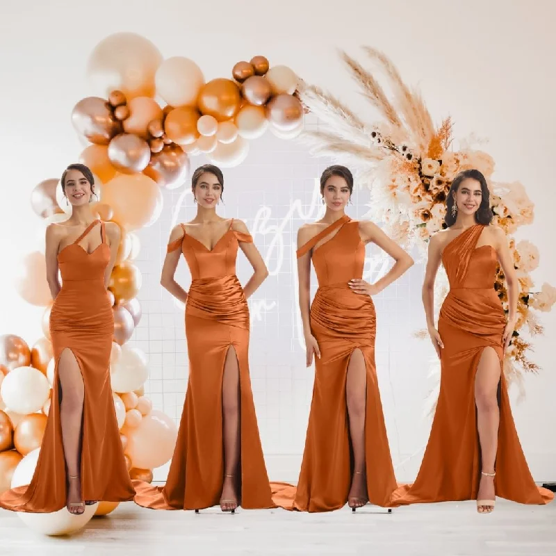 Burnt Orange Sexy Chic Silky Mismatched Satin Mermaid Long Wedding Bridesmaid Dresses Sale Feminine Elegance