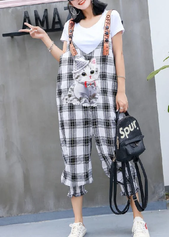 fashion women casual cotton plaid jumpsuit pants plus size cartoon print strap pants Elegant Simplicity Wardrobe