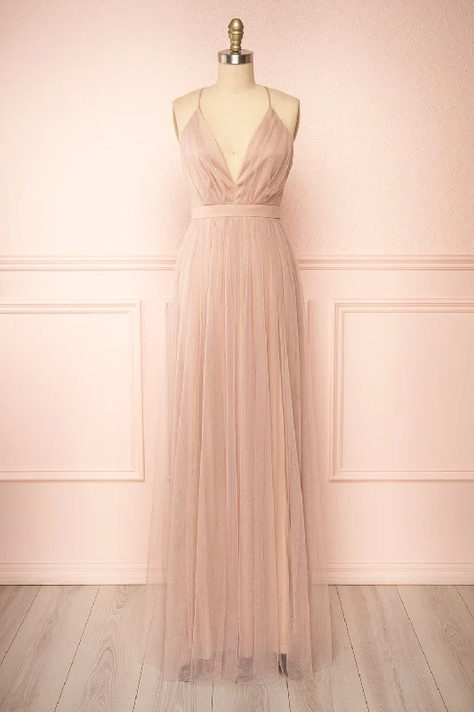 Ilaria Taupe | Tulle Gown with Plunging Neckline Seasonal Sale