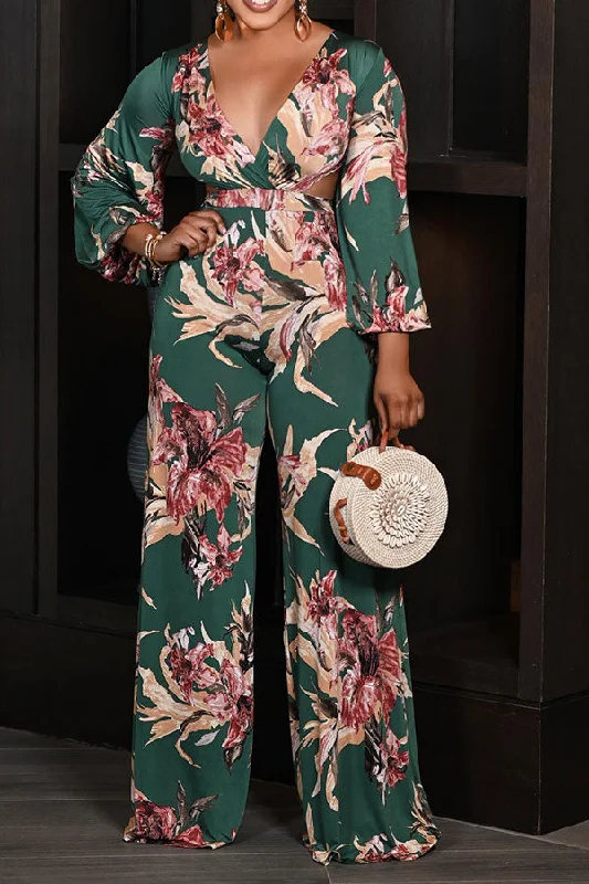 Floral Print Chic Strappy Cutout Waist Wide Leg Jumpsuit Trendy Styles