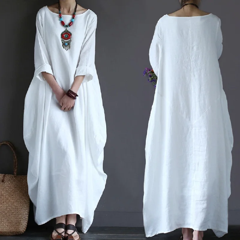 O Neck Long Sleeve Cotton Linen Gown Robe Dress Exclusive Sale