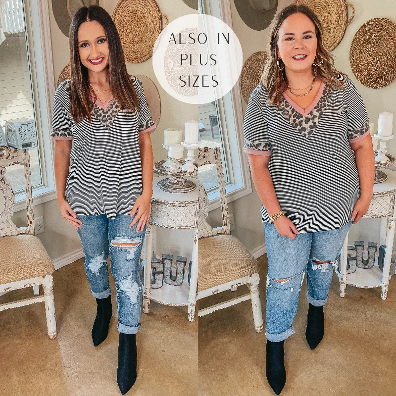 Easily Bright Mauve and Leopard Trim V Neck Striped Top in Black and Ivory Chic Outfits