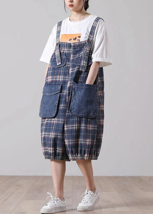 Loose Blue Pockets Plaid Cotton Jeans Jumpsuit Shorts Effortless Sophistication