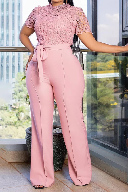 Solid Color Cutout Lace Patchwork Elegant Belted Jumpsuit Exclusive Sale