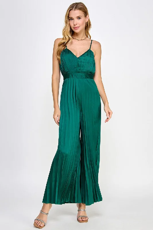 HUNTER GREEN SATIN SPAGHETTI STRAP PLEATED WIDE LEG JUMPSUIT AVJ51891W Wardrobe Update