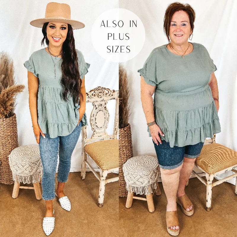 Belong To You Tiered Top with Ruffle Cap Sleeves in Sage Green Big Savings