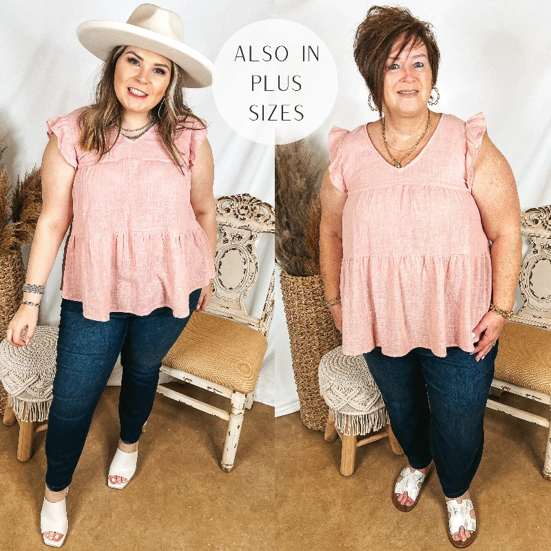 Stay Wonderful Solid Tiered Top with Ruffle Cap Sleeves in Dusty Pink Trendy Fashion for Women