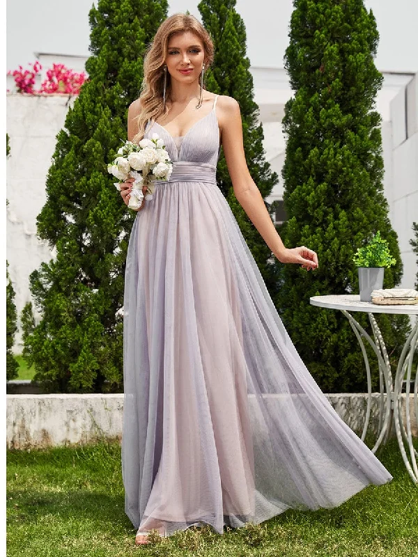 High-Waisted Backless See-Through Tulle Bridesmaid Dress with V-Neck Fashion Deal