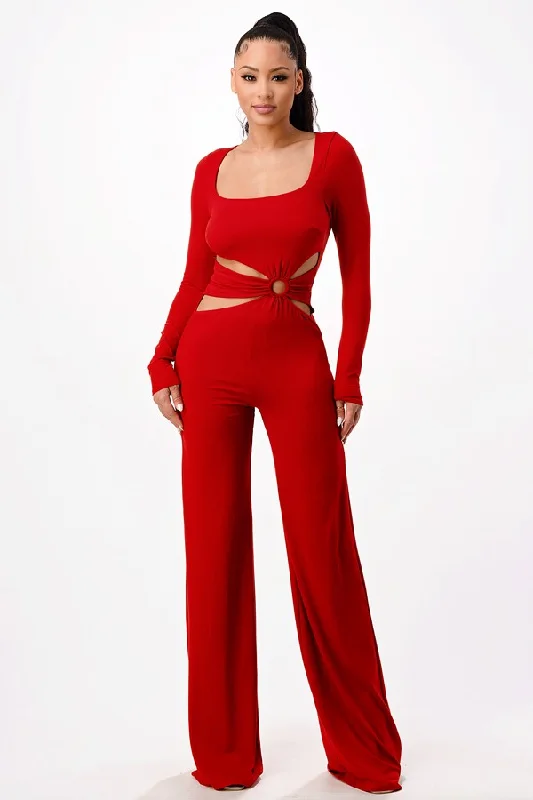 RUST SQUARE NECK LONG SLEEVES CUTOUT WAIST JUMPSUIT SP8842J Season Appropriate Women's Collection