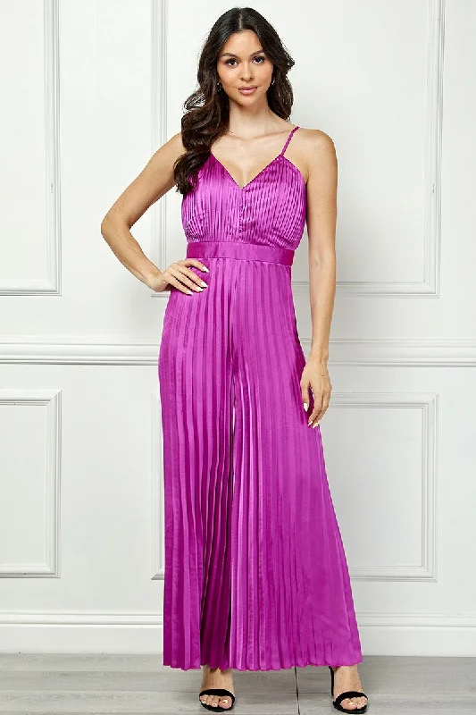 PLUM SATIN SPAGHETTI STRAP PLEATED WIDE LEG JUMPSUIT AVJ51891W Durable Fashion Picks