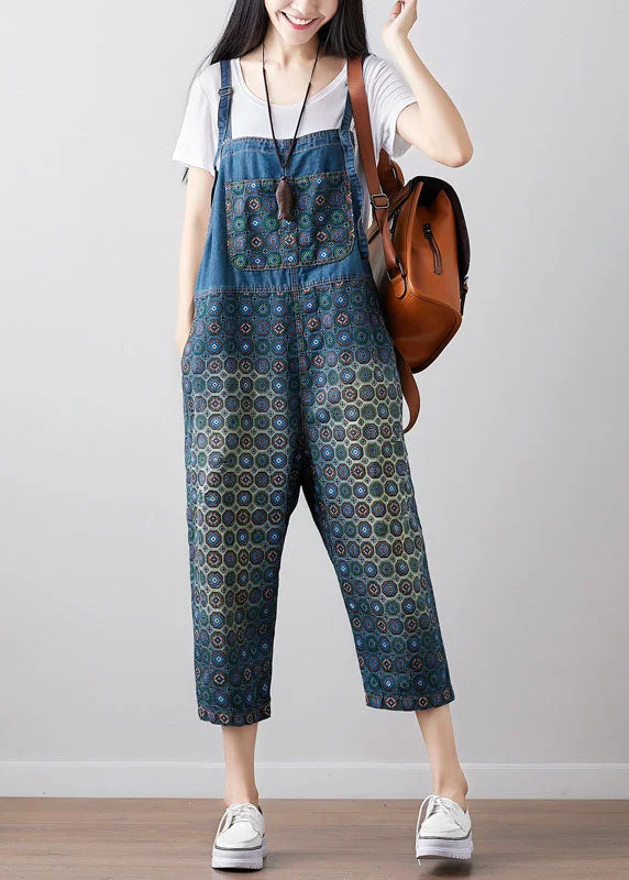 Loose dark Blue Print denim Jumpsuit Spring Wardrobe Essentials