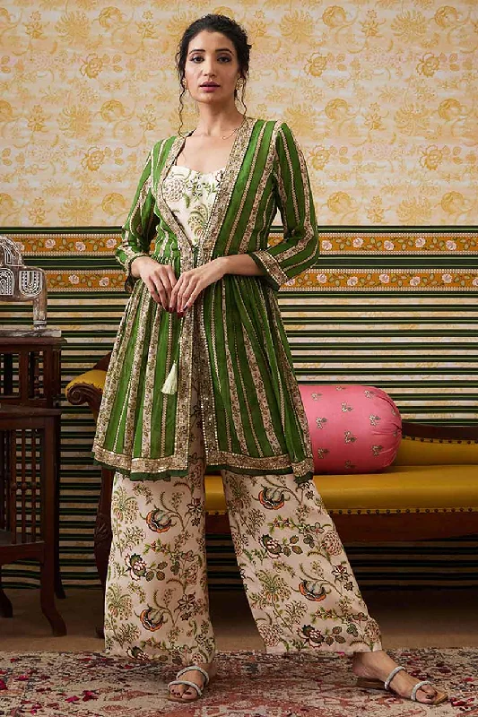 Green & Beige Mehr Printed Jumpsuit with Jacket Set Trend Forward Threads