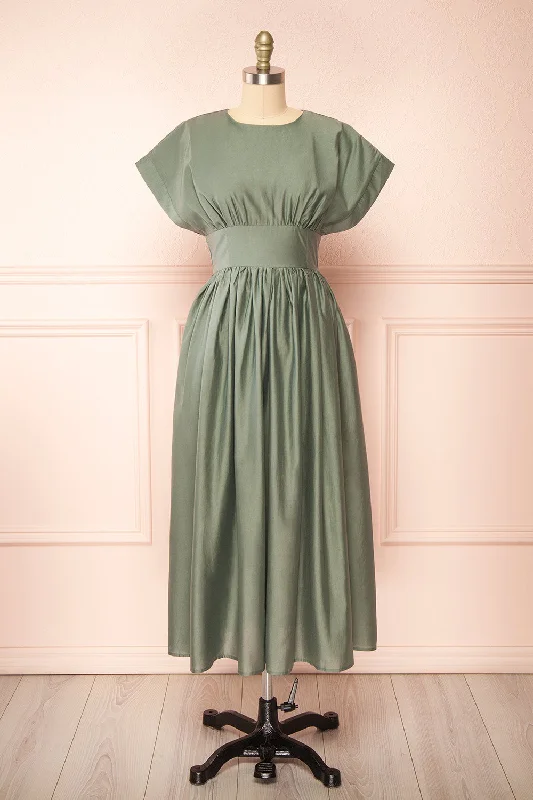 Miriel | Sage Midi Dress w/ Short Sleeves Flash Deals