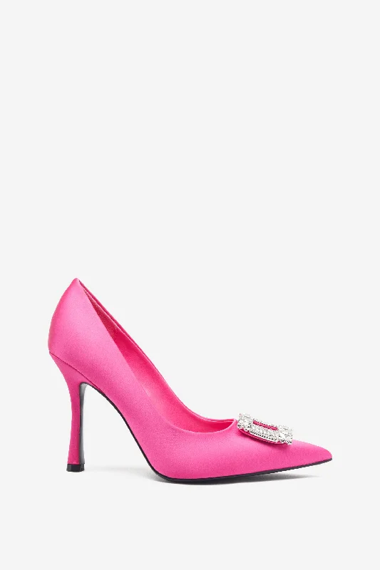 Lawless | Hot Pink Satin Pointed Court Heels With Diamante Brooches Luxe Layering