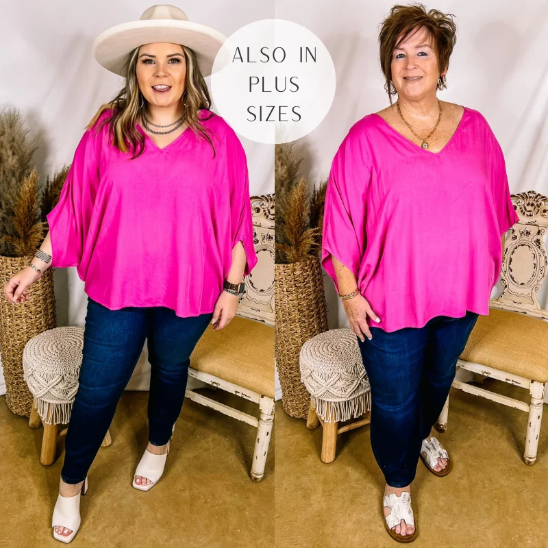 No Rules V Neck Poncho Top in Fuchsia Pink Boutique Styles