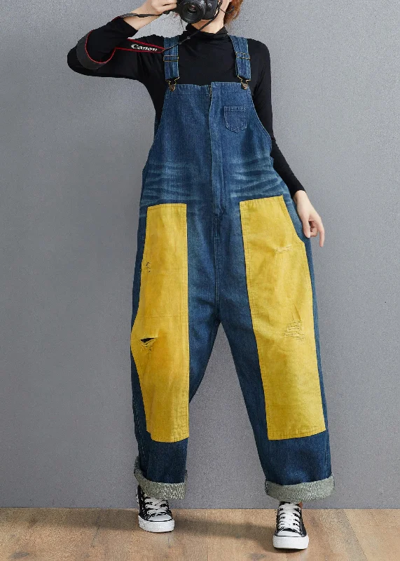 French Denim Blue Jeans women's Spring Patchwork Jumpsuit Pants Exclusive Discount