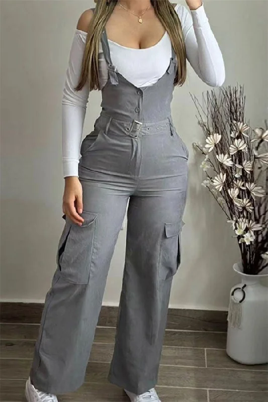 Solid Color Casual Pocket Suspender Jumpsuit Chic Styles