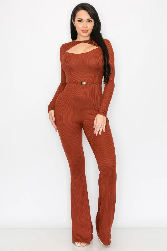 RUST BLUSH RIB BUCKLE WAIST DETAILED JUMPSUIT SP9792J Crazy Discounts, Hurry Up