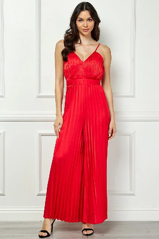 RED SATIN SPAGHETTI STRAP PLEATED WIDE LEG JUMPSUIT AVJ51891W Quality Driven Apparel