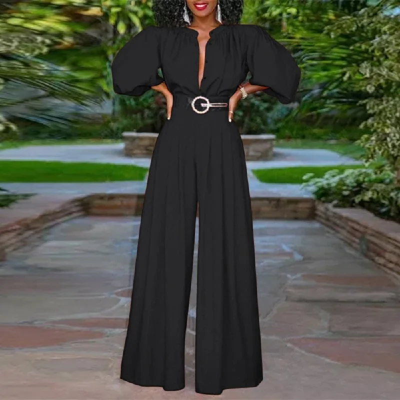 Elegant 3/4 Puff Sleeve Wide Leg Pants Long Pleated Buttons Overall Jumpsuit Mid Season Sale