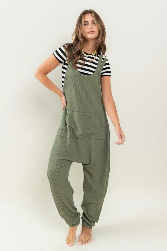 OLIVE TEXTURED W/KANGAROO POCKET HAREM KNIT JUMPSUIT CFBC61527SA Redefining Women's Fashion