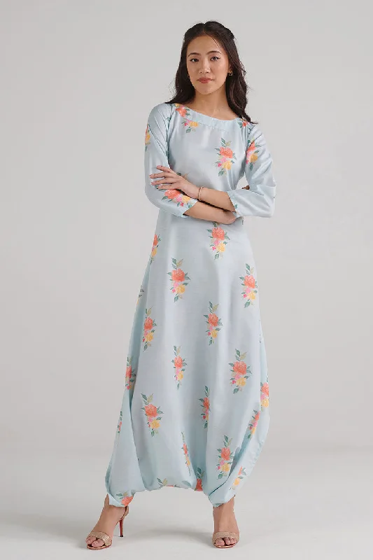 Baby Blue Floral Print Dhoti Jumpsuit Feminine Elegance