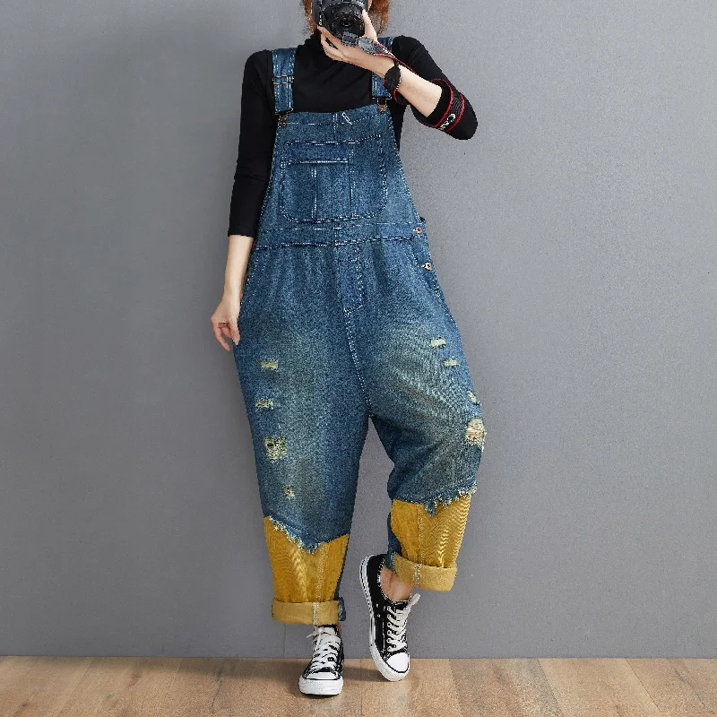 Style Denim Blue Pant Plus Size Spring Hole Jumpsuit Pants Fashion-Forward