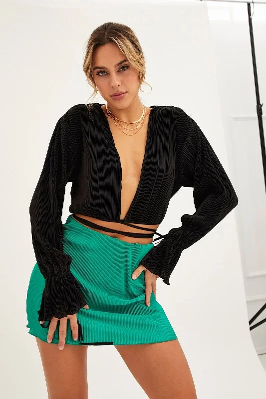 Black Plisse Wrap Top Long Sleeve Crop Big Discounts