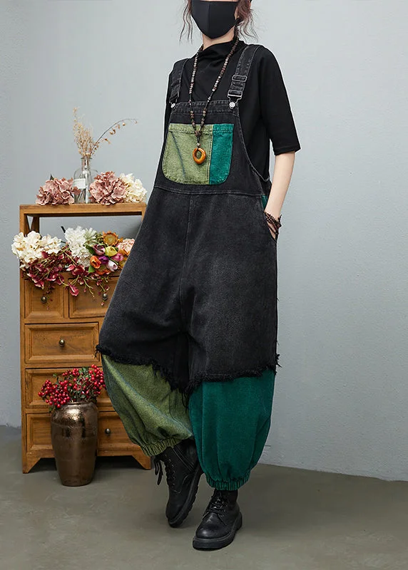 Streetwear Black Asymmetrical Pocket Cotton denim Jumpsuit Spring Seasonal Picks