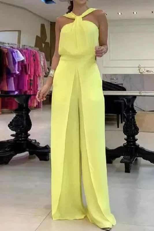 Solid Color Halter Collar Elegant Layered Jumpsuit Summer Fashion