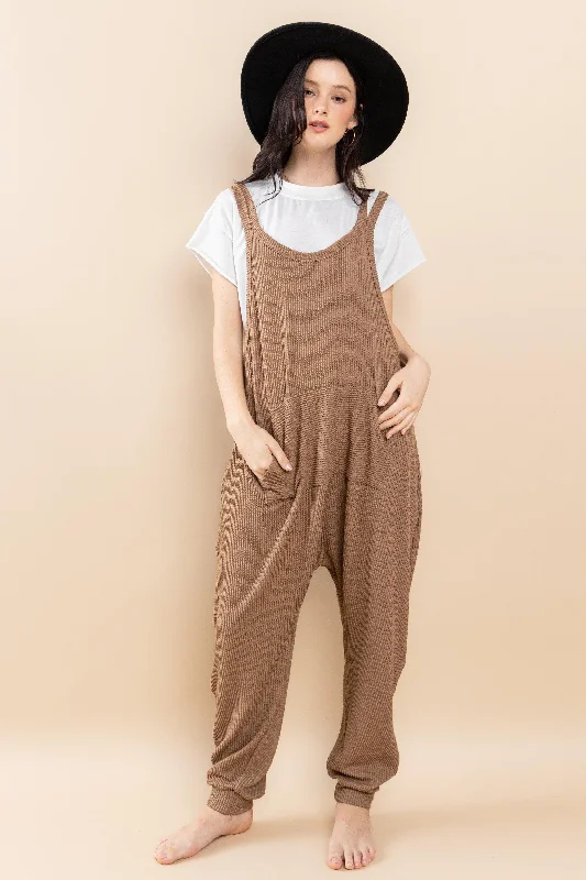 MOCHA TEXTURED W/KANGAROO POCKET HAREM KNIT JUMPSUIT CFBC61527SA Fashion Frontiers