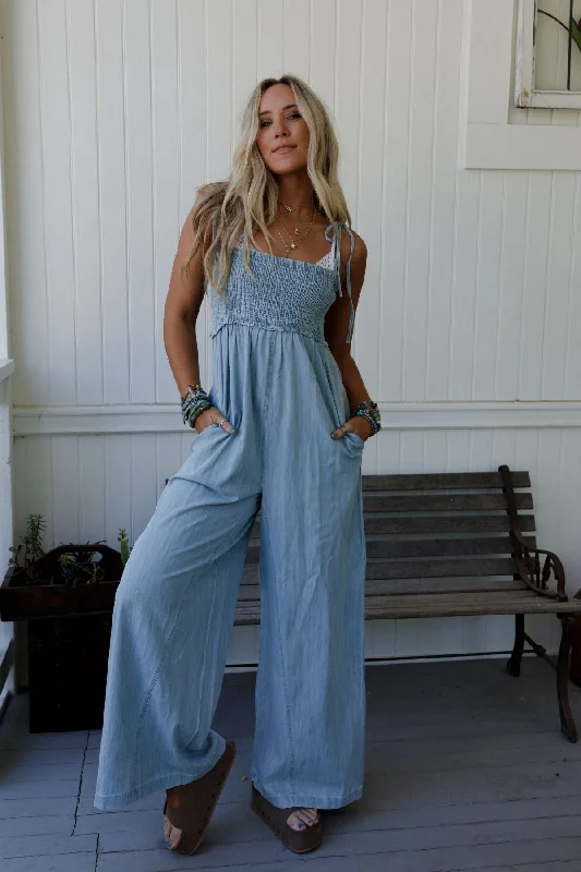 The Nest Last Call Smocked Jumpsuit - Light Wash Casual Chic