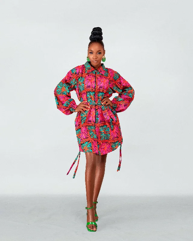 Adah Ankara Shirt Dress | Pink and Turquoise African Print Massive Savings