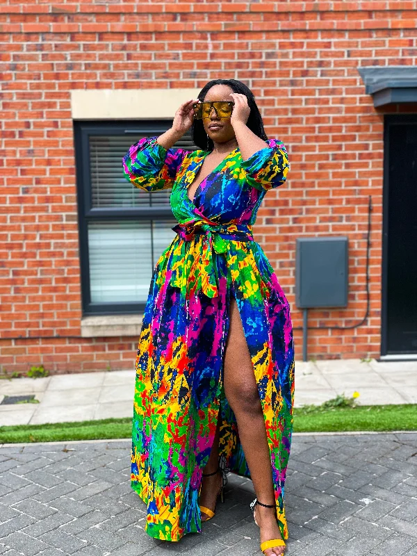 Belva Ankara Maxi Dress | Green and Yellow Multicoloured African Print Fashion Sale