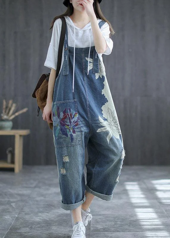 Art Navy Print Retro Hole Pockets Overall Jumpsuit Summer Big Discounts