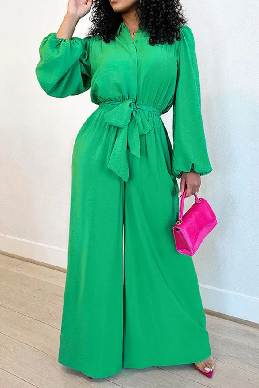 Solid Color Classic Belted Wide Leg Jumpsuit Fashion Forward