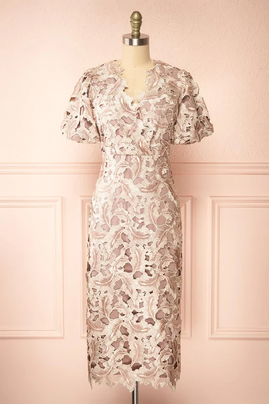 Rolande | Midi Taupe Openwork Lace Dress Refined Simplicity