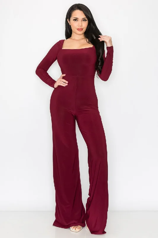 BURGUNDY LONG SLEEVES OPEN BACK STRING JUMPSUIT SP9631J Comfortable Chic