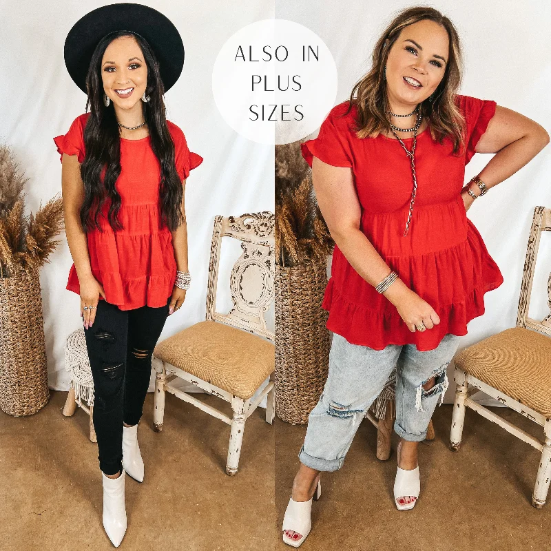 Belong To You Tiered Top with Ruffle Cap Sleeves in Red Feminine Allure