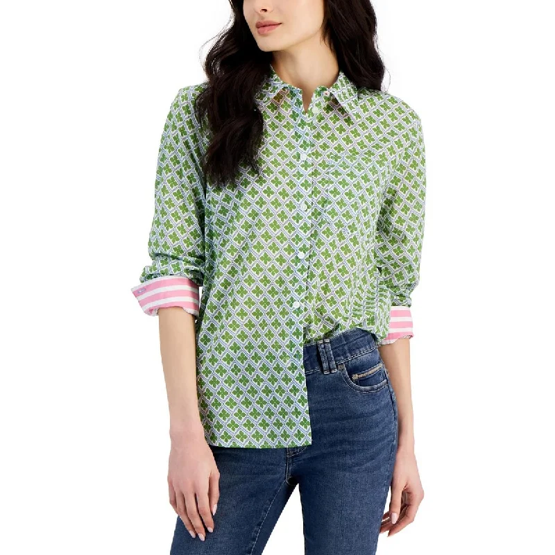 Womens Geometric Long Sleeve Button-Down Top Elegant Style