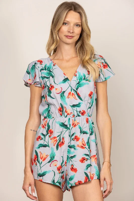 BLUE FLORAL PRINT V-NECK BUTTERFLY SLEEVES ROMPER BY6697 Now On Sale For Chic Urban Styles