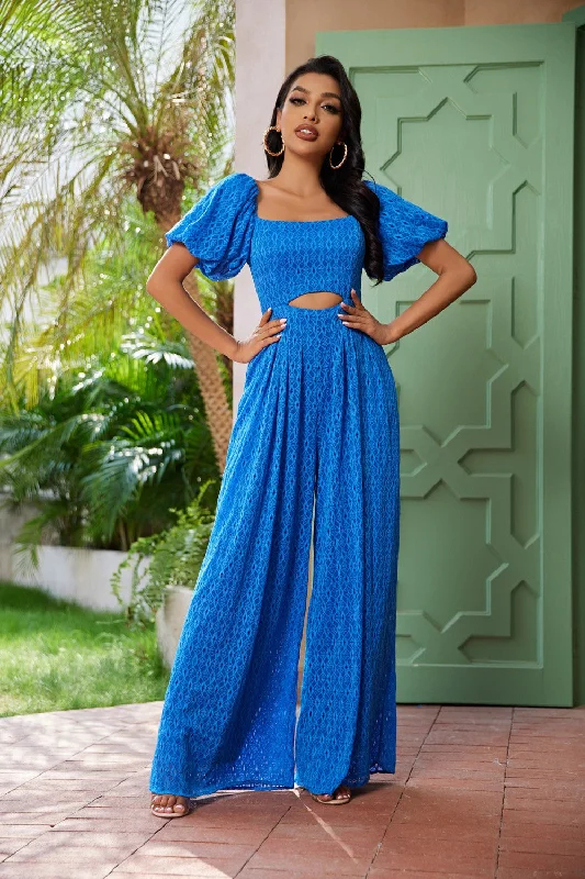 BLUE PUFF SHORT SLEEVES CUT-OUT WAIST OPEN BACK WIDE LEG JUMPSUIT CJ33197 Top Deals