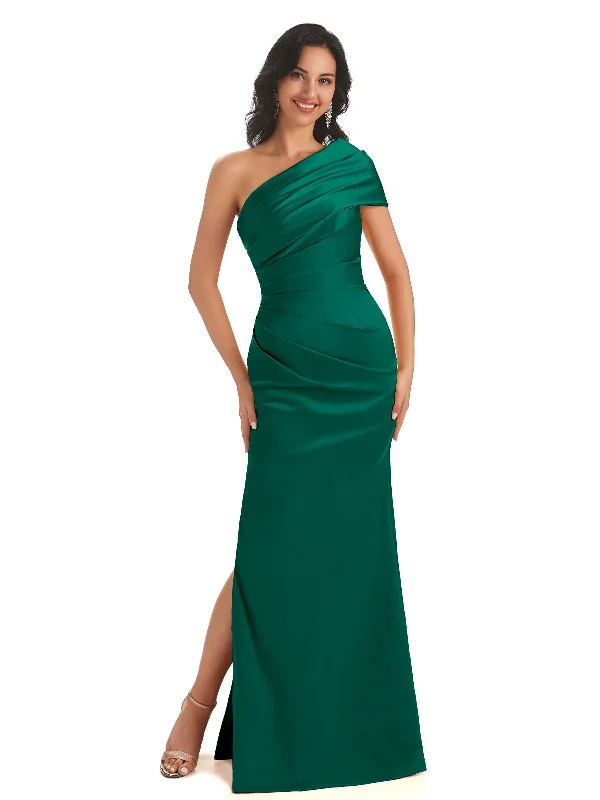 Sexy Soft Satin One Shoulder Long Side Slit Mermaid Plus Size Dresses to Wwear to a Wedding Stylish Basics