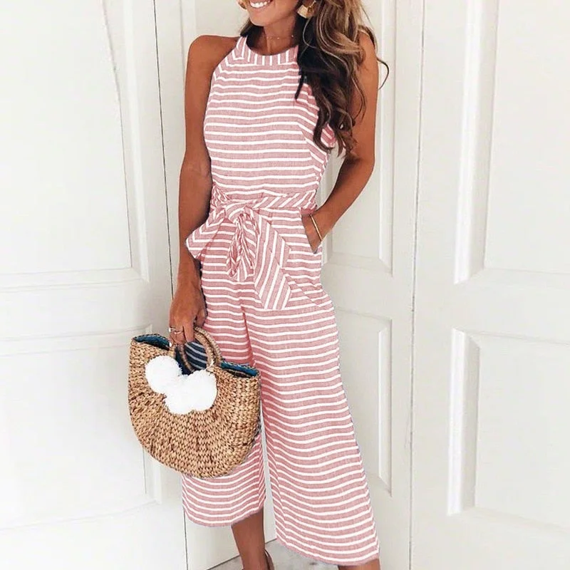 Striped Printed Lace up Pocket O neck Sleeveless Long Wide Leg Jumpsuit Exquisite Craftsmanship