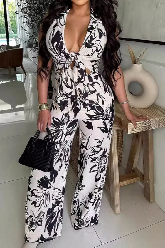 Contrasting Floral Print Elegant Tie Front Wide Leg Jumpsuit Quality Driven Apparel