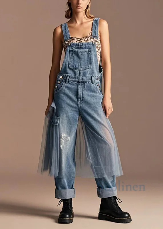 Unique Blue Oversized Tulle Patchwork Denim Ripped Jumpsuits Spring Premium Quality Garments