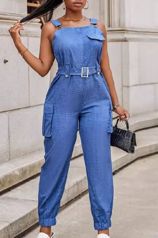 Solid Color Casual Belted Suspenders Jumpsuit Graceful Drape